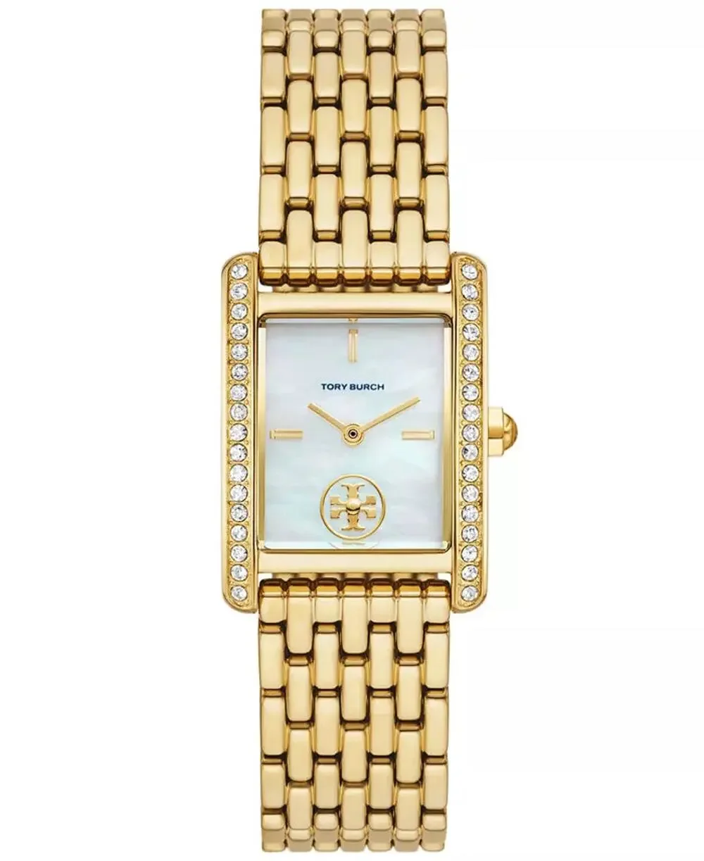 Tory Burch Women Watch Gold Crystal Bezel Mop Dial Rectangular Bracelet Nwt Gold